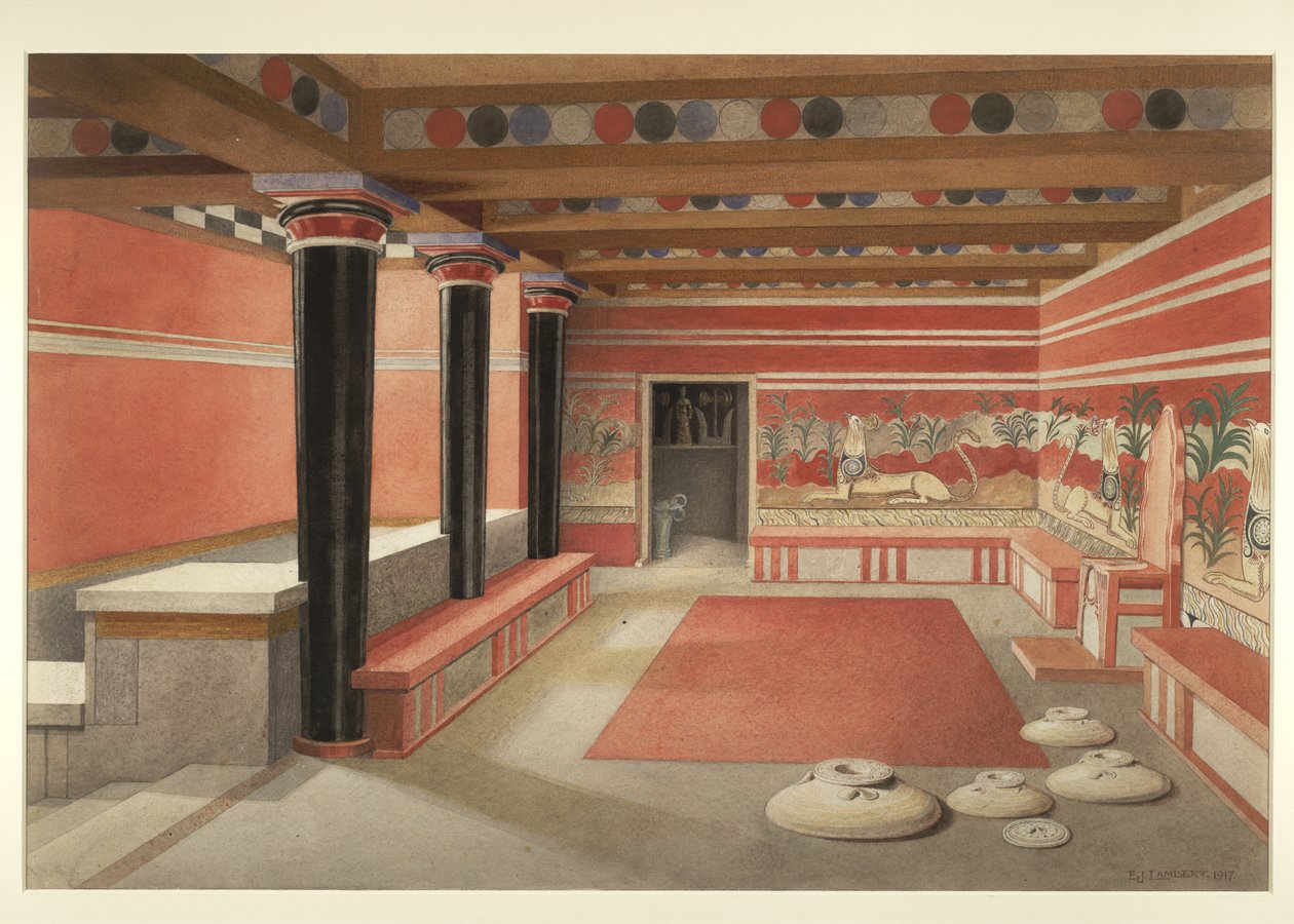 Festmény a minószi palota újragondolt trónterméről Knósszosban alkotó: Edwin J. Lambert