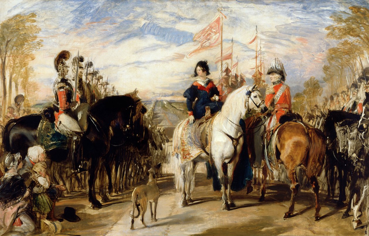Viktória királynő és Wellington hercege az életvédelmi gárdát vizsgálja, a távolban a Windsor Great Parkban alkotó: Edwin Landseer