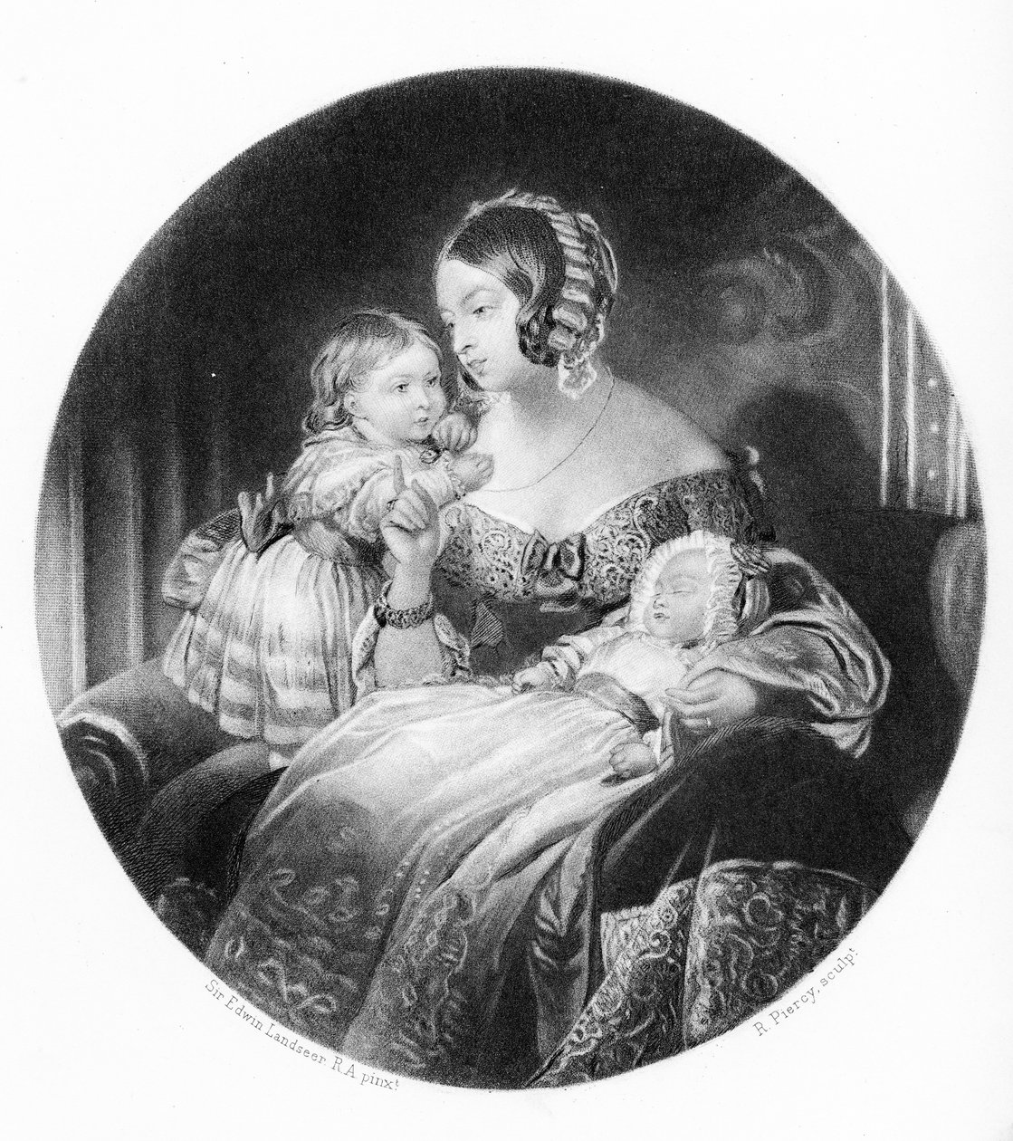 A királynő, a királyi hercegnő és a walesi herceg, R. Piercy metszete, 1842. alkotó: Edwin Landseer