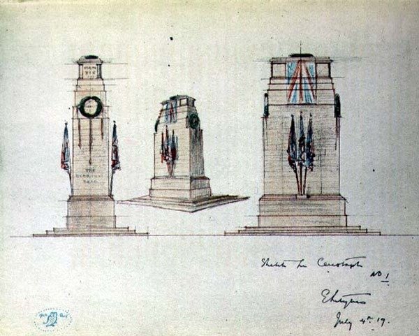 Vázlat a Cenotaph No.1-hez, illusztráció a „The Owl No.2” pubból. 1919 (ceruza és akvarell papíron) alkotó: Edwin Landseer Lutyens
