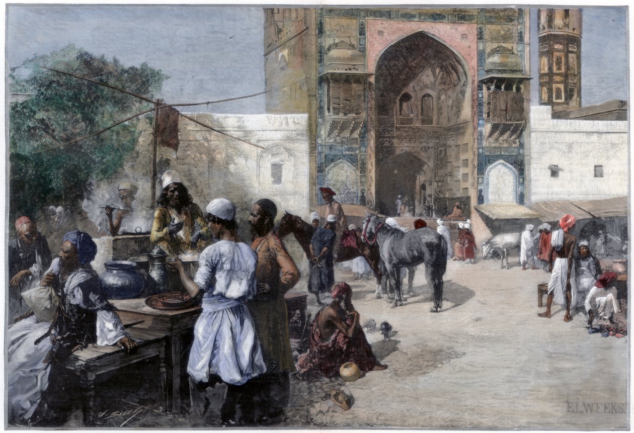 Egy szabadtéri étterem Lahore-ban, Indiában, 1880. alkotó: Edwin Lord Weeks