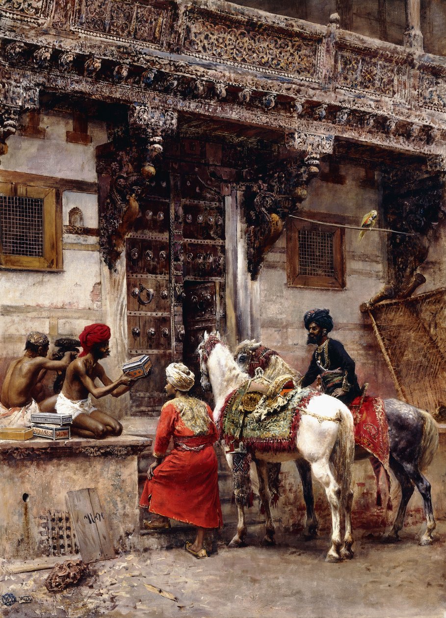 Kézműves tokokat árul egy teakfa épületben, Ahmedabad, 1885 körül alkotó: Edwin Lord Weeks