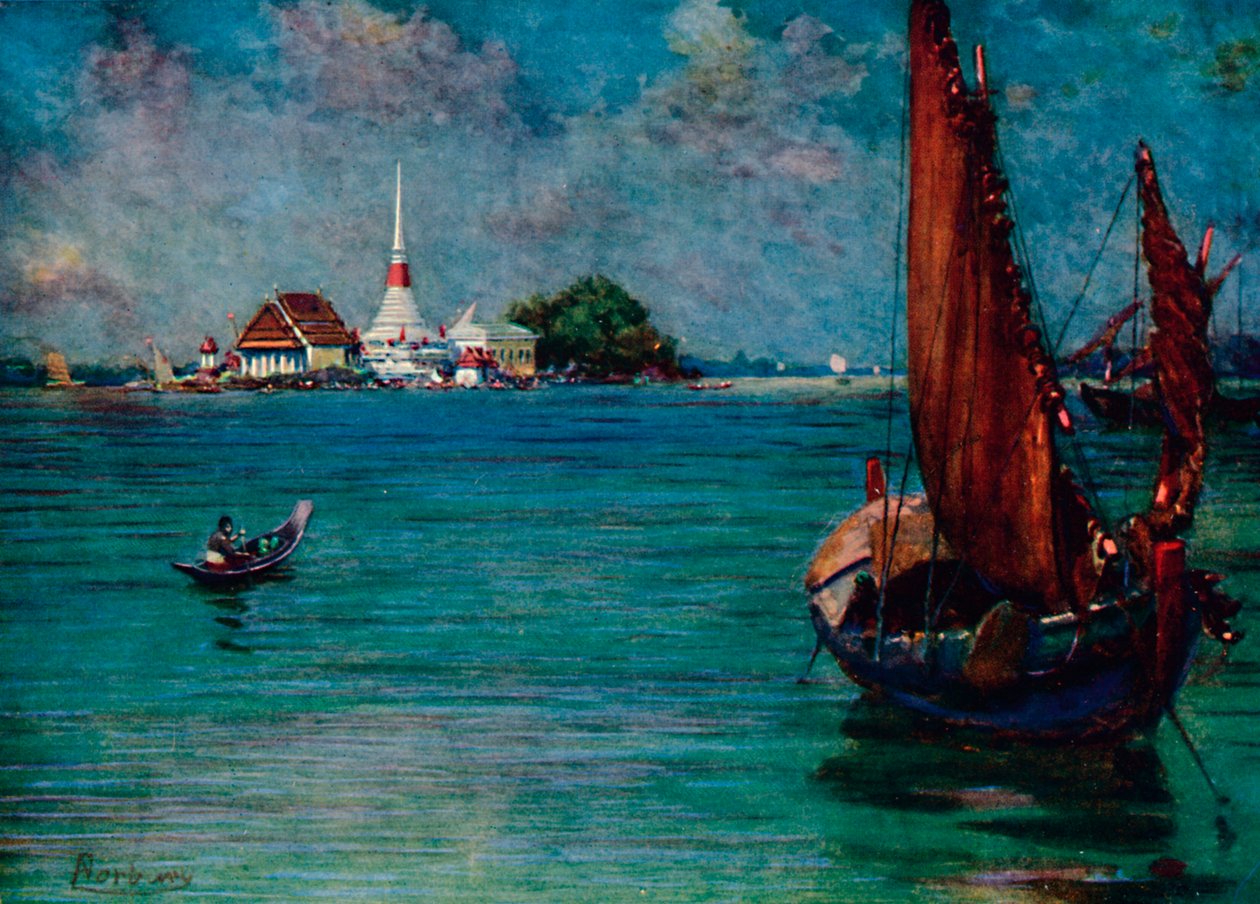 "Egy halászhajó Paknam szigeti pagodájánál", 1913 alkotó: Edwin Norbury