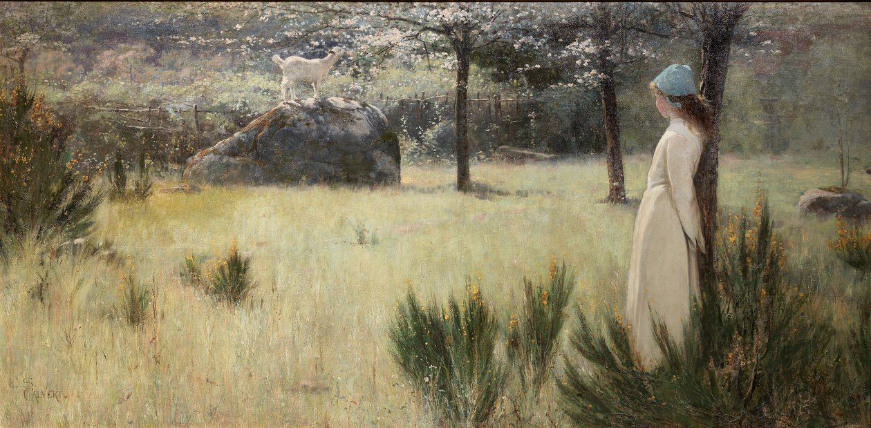A fiatal pásztorlány és a kecskéje a tavaszi legelőn alkotó: Edwin Sherwood Calvert