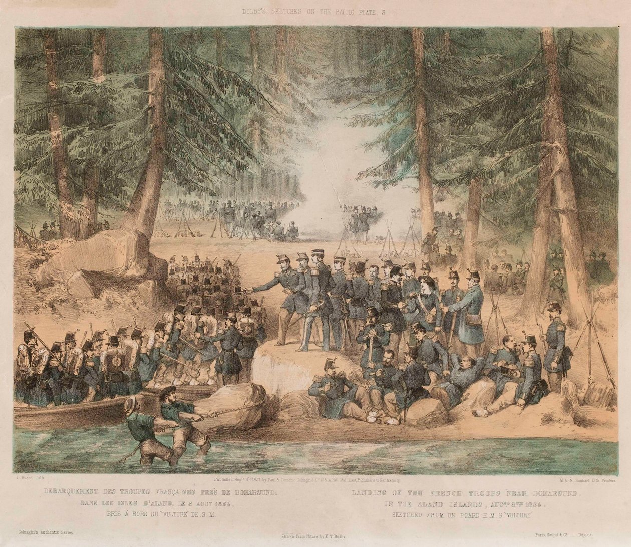 A francia csapatok partraszállása Bomarsund közelében, az Aland-szigeteken, 1854. augusztus 8. (kőnyomat, színezett) alkotó: Edwin Thomas (after) Dolby