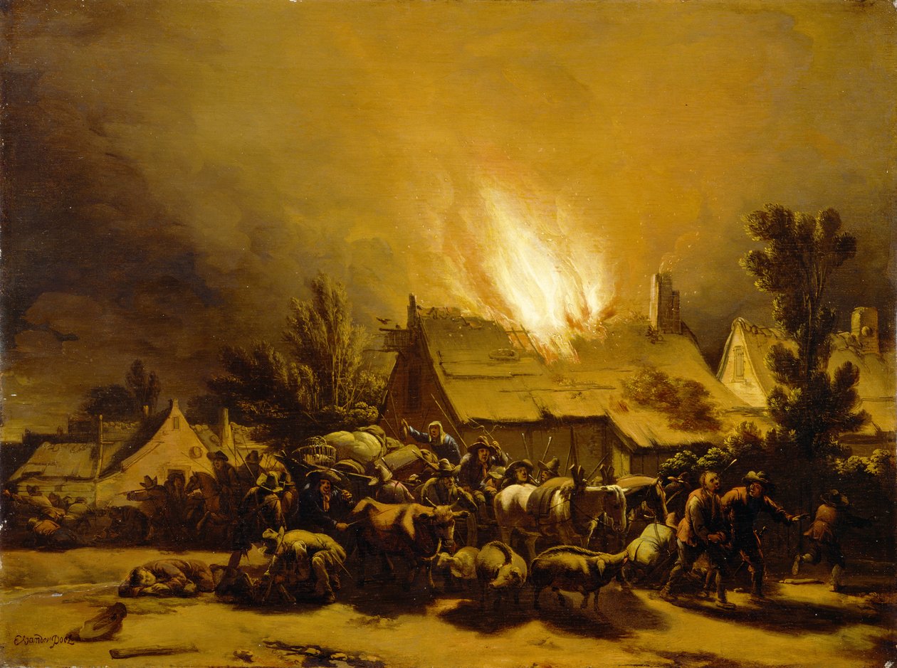 Égő pajtából menekülő parasztok, 1655 körül (olaj, tölgyfa tábla) alkotó: Egbert van der Poel