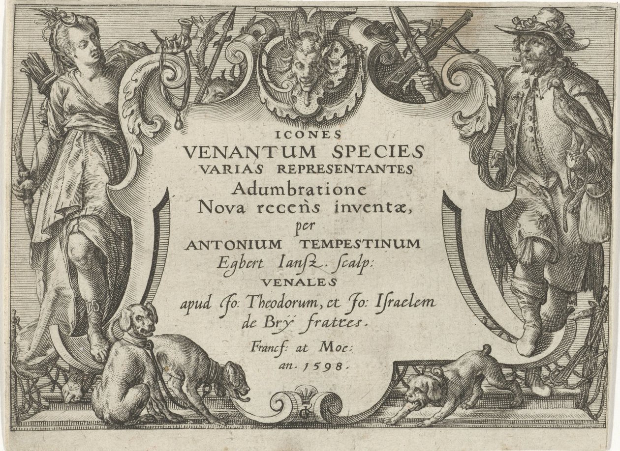 Címnyomat egy vadászjeleneteket tartalmazó sorozathoz Vadászjelenetek (sorozat címe) Icones Venantum Species Varias Representantes (sorozat címe az objektumon) alkotó: Egbert Jansz.
