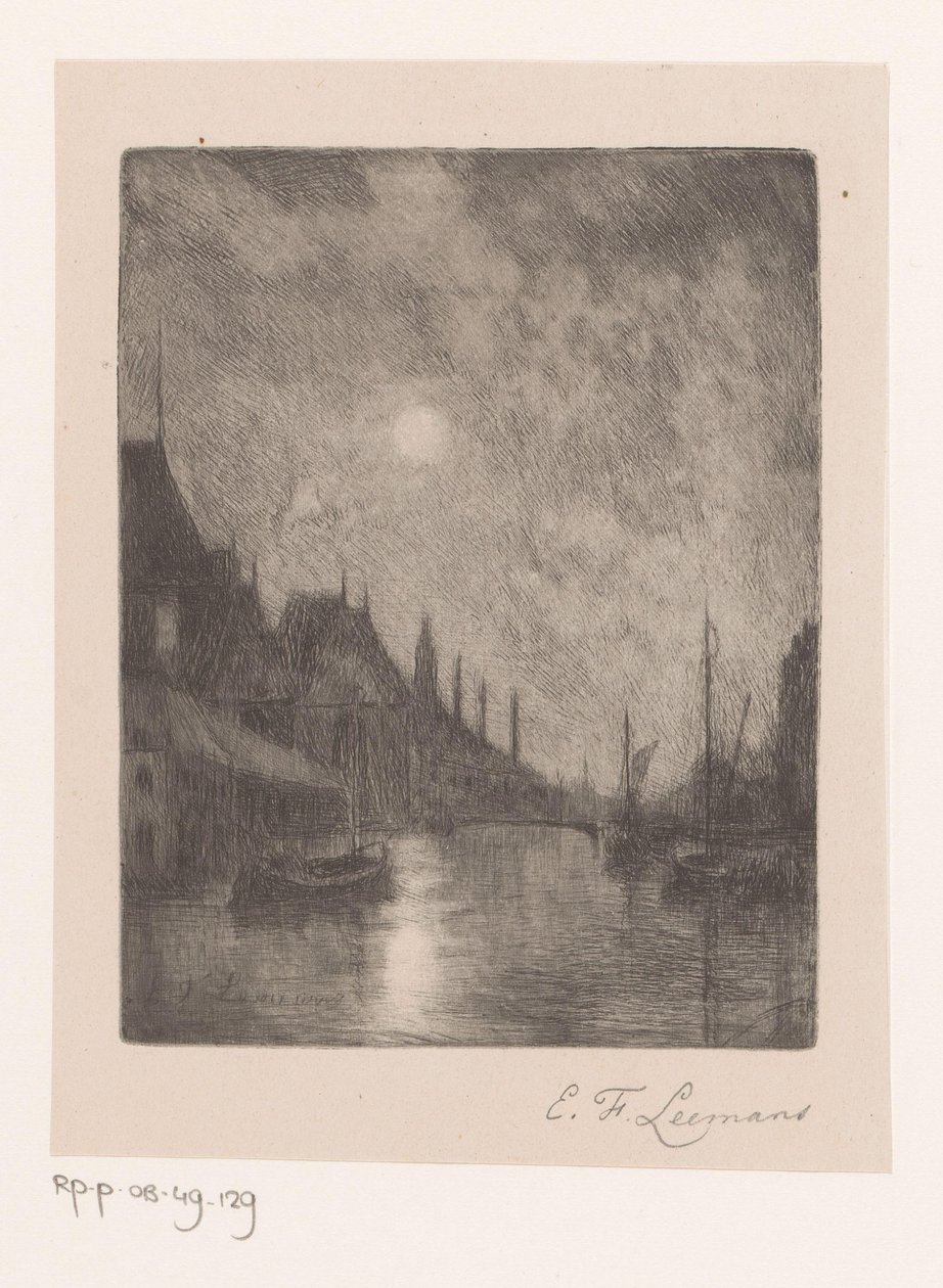 Kilátás a folyóra egy városban éjszaka alkotó: Egide François Leemans (signed by artist)