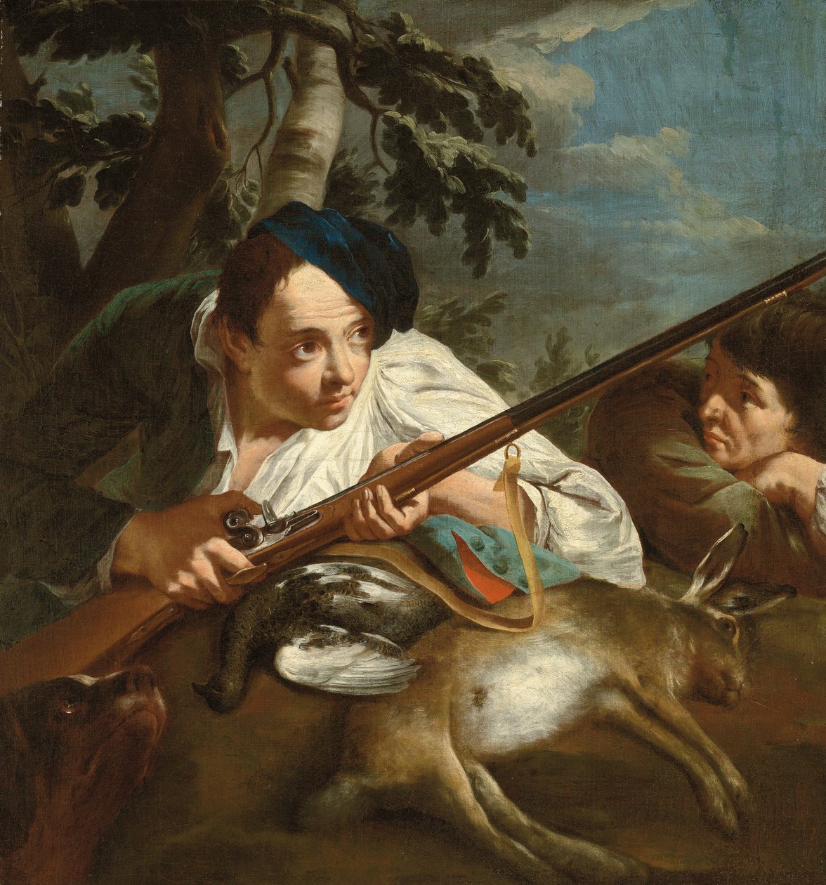 Elpusztult vaddal pihenő vadászok erdős tájban, 1705-84 körül (olaj, vászon) alkotó: Egidio (attr.to) Dall