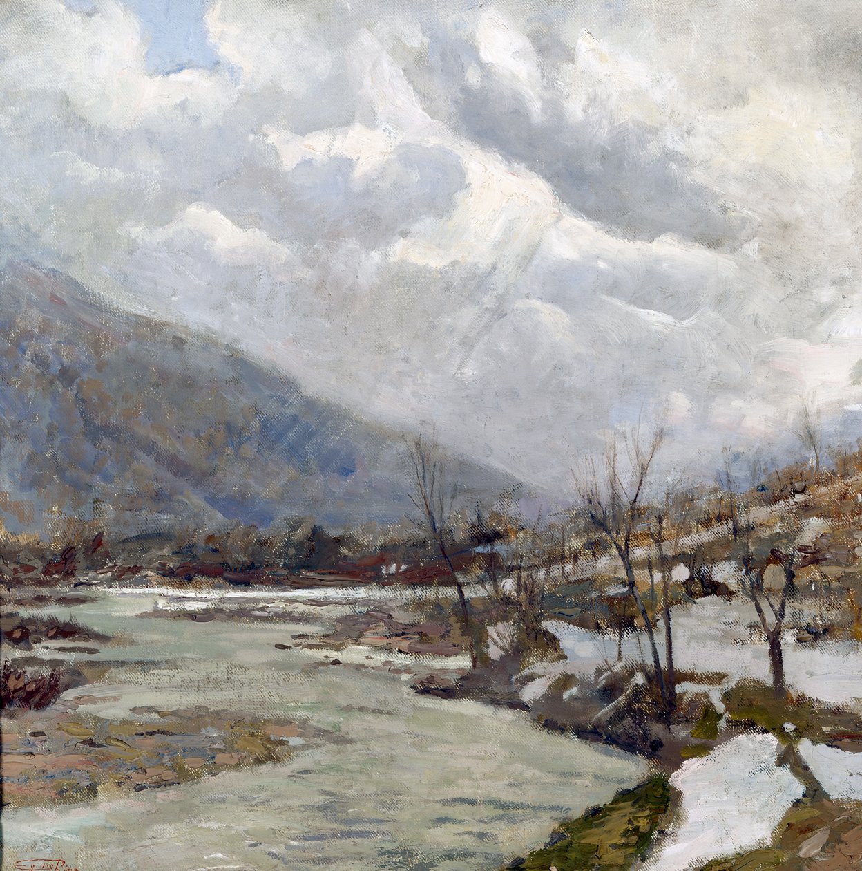 Napsugár, Egidio Riva (1866-1946) festménye, olaj, vászon, 74x74 cm, Olaszország, XX. alkotó: Egidio Riva
