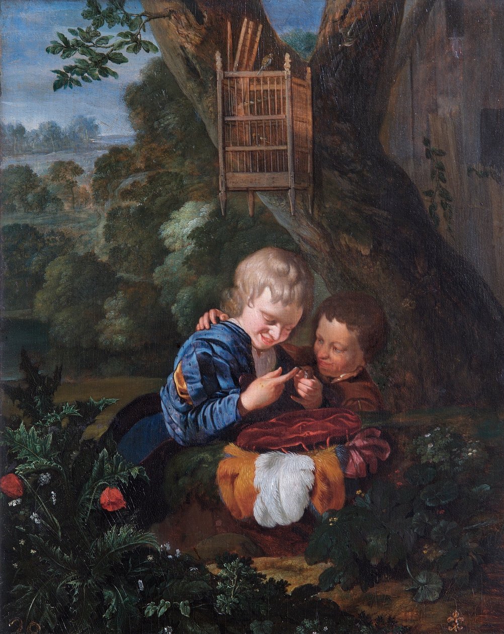 Fiúk csapdába esett madárral (olaj tölgyfa panelen) alkotó: Eglon Hendrick van der Neer