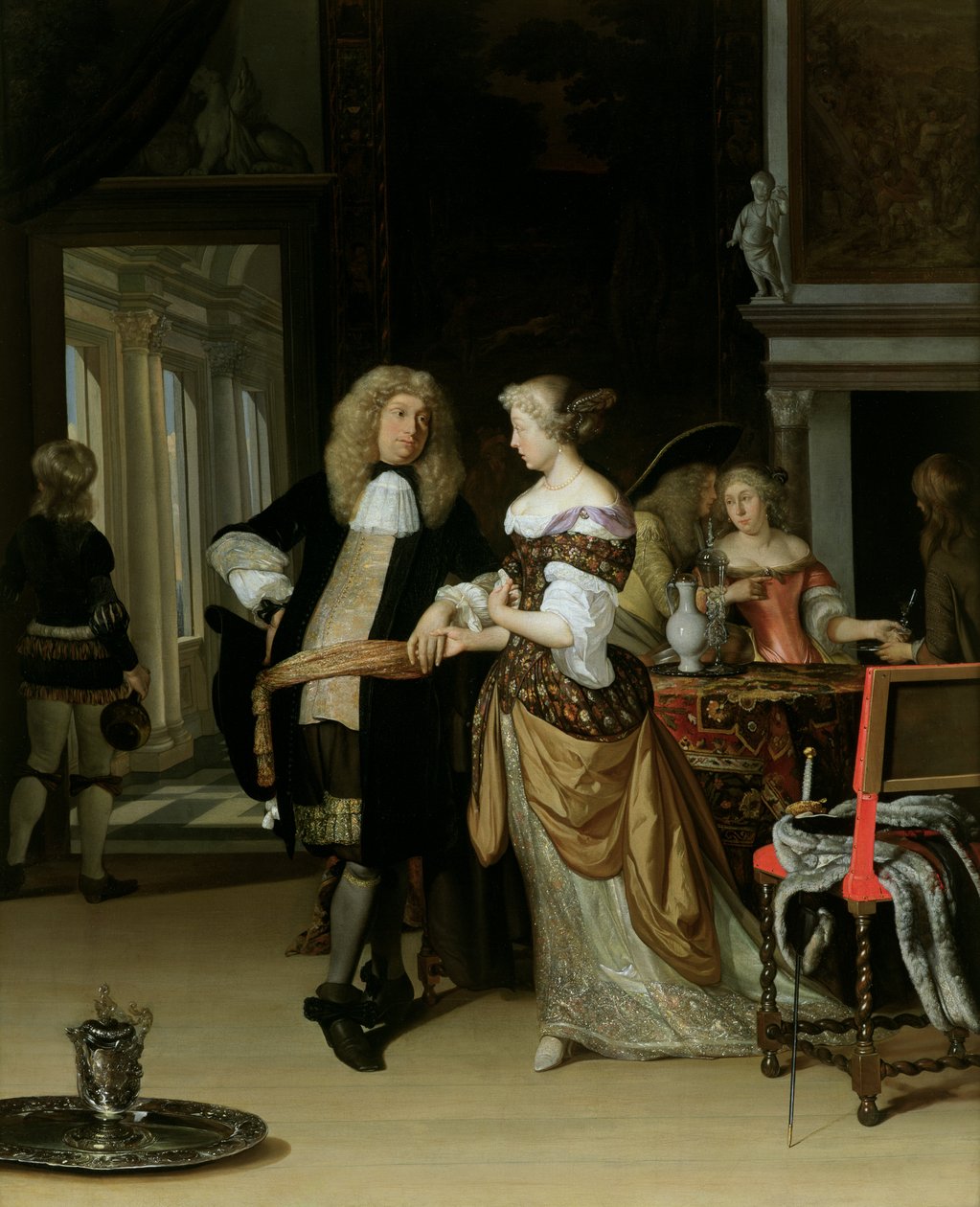Eljegyzés: Fiatal pár elegáns belső térben, 1678 alkotó: Eglon van der Neer