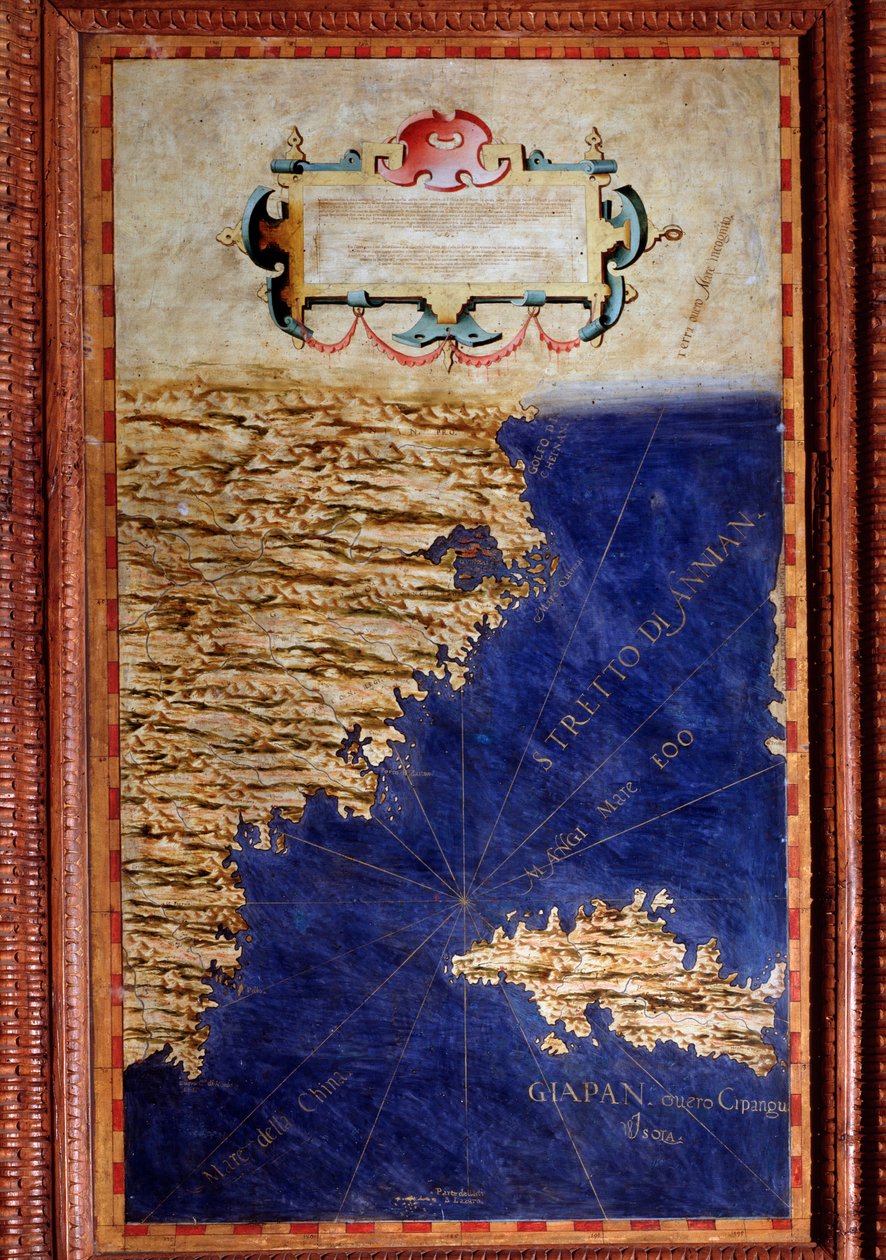 Kína és Japán térkép, amelyet Egnazio Danti (1536-1586) matematikus, kozmográfus és olasz építész készített. 1567 körül. Firenze, Palazzo Vecchio, Sala del Mappamondo alkotó: Egnazio Danti