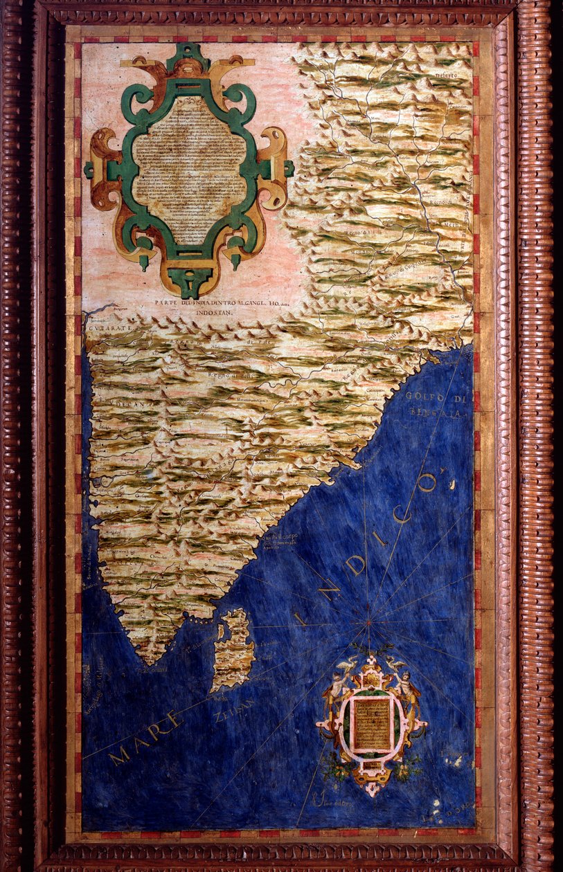 India térképét Egnazio Danti (1536-1586) matematikus, kozmográfus és olasz építész készítette. 1567 körül. Firenze, Palazzo Vecchio, Sala del Mappamondo alkotó: Egnazio Danti