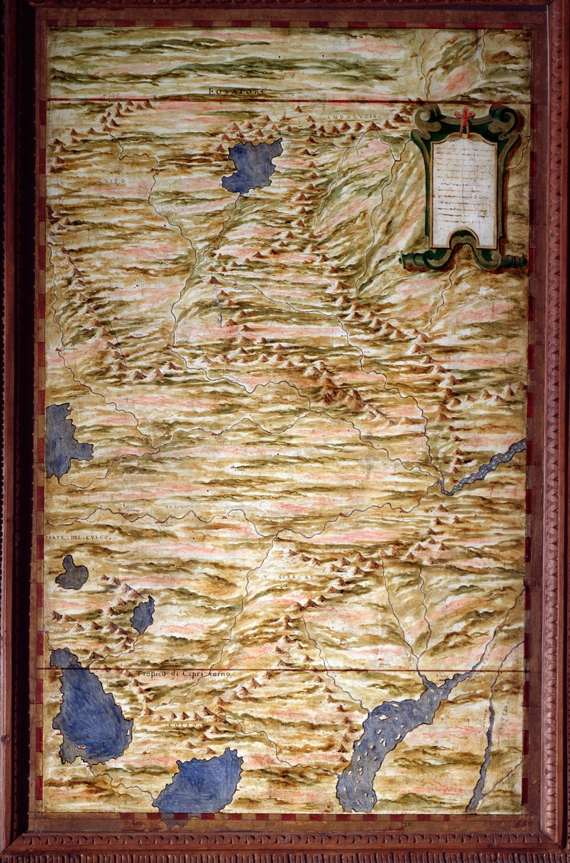 Peru térképe A térképet Egnazio Danti (1536-1586) matematikus, kozmográfus és olasz építész készítette. 1567 körül. Firenze, Palazzo Vecchio, Sala del Mappamondo alkotó: Egnazio Danti