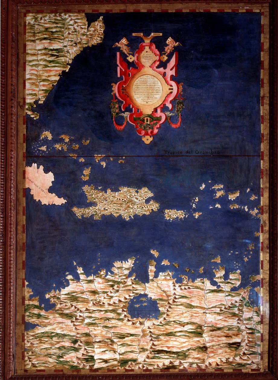 Santo Domingo (Santo Domingo) vagy Hispaniola Egnazio Danti (1536-1586) matematikus, kozmográfus és olasz építész által készített térkép. 1567 körül. Firenze, Palazzo Vecchio, Sala del Mappamondo alkotó: Egnazio Danti