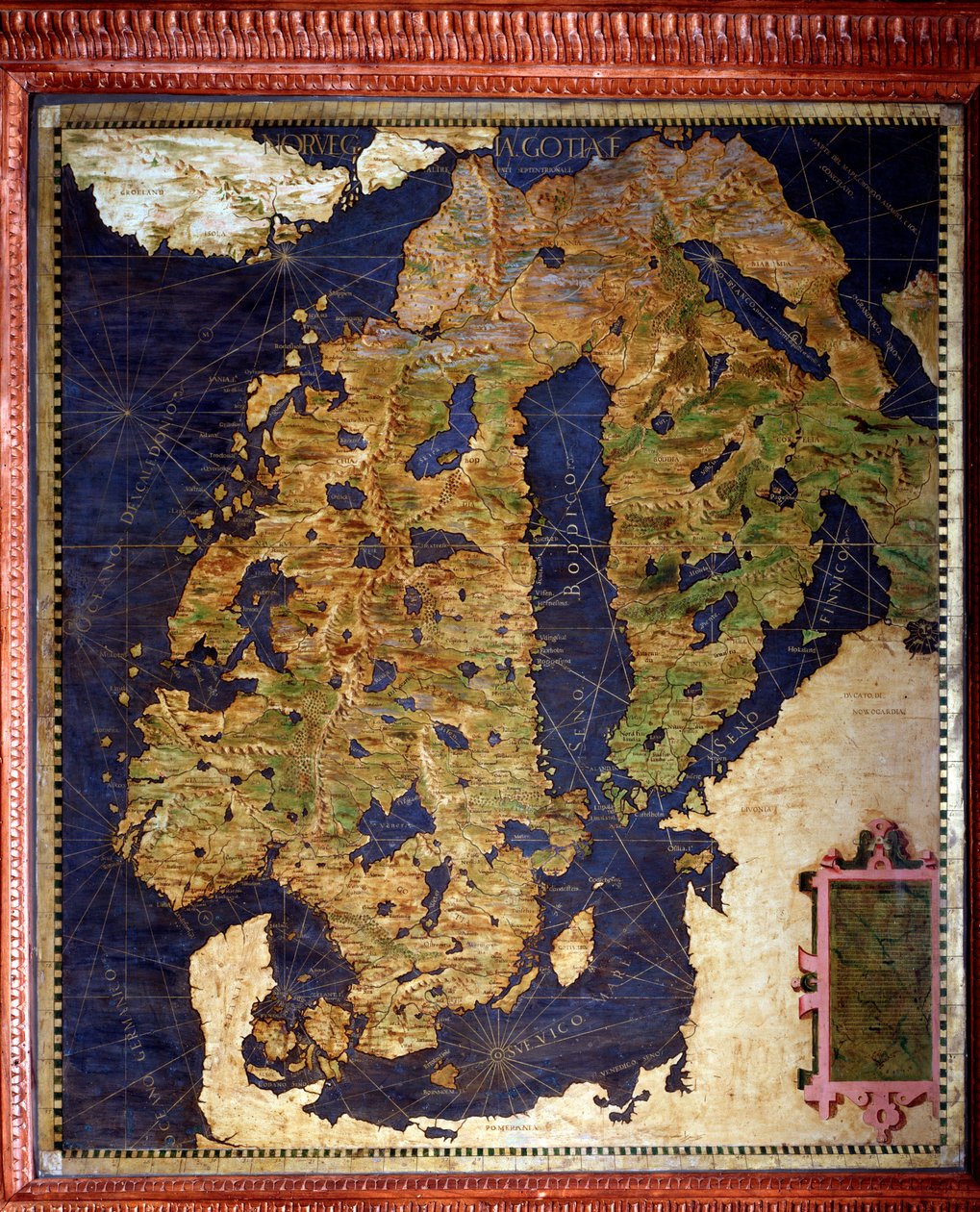 Skandinávia: Norvégia, Svédország, Finnország. A térképet Egnazio Danti (1536-1586) matematikus, kozmográfus és olasz építész készítette. 1567 körül. Firenze, Palazzo Vecchio, Sala del Mappamondo alkotó: Egnazio Danti