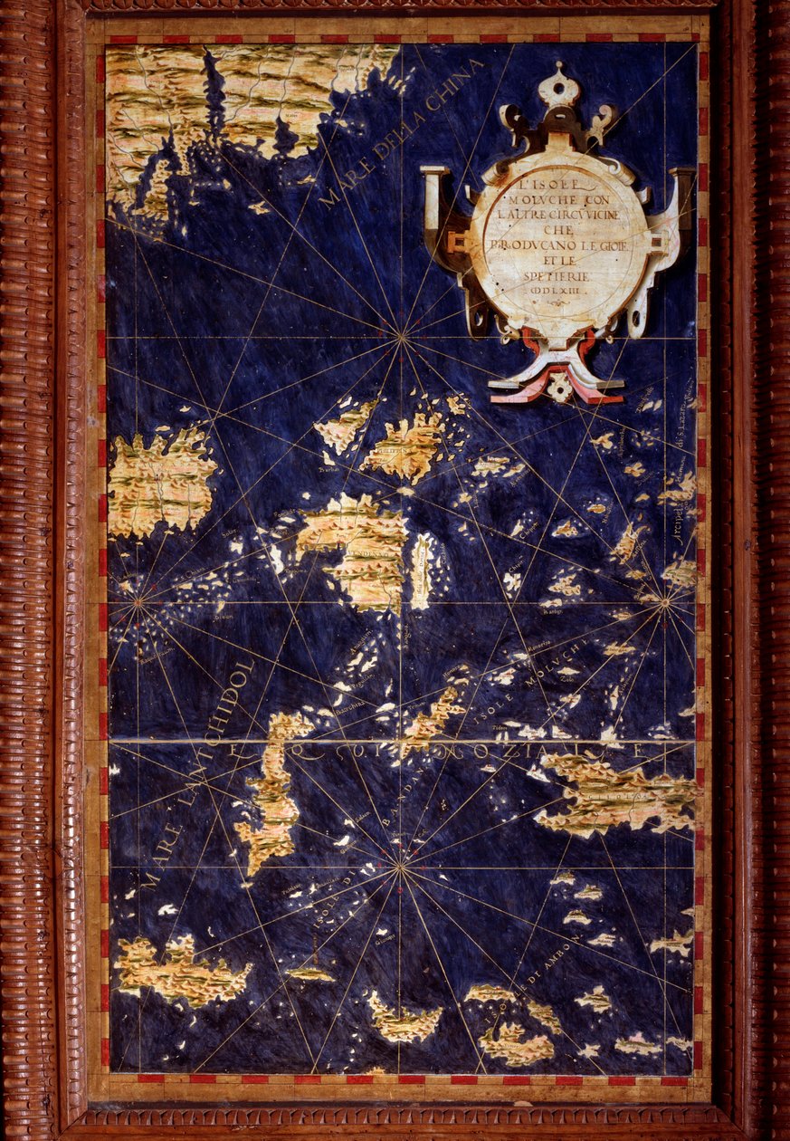 A Molucca-szigetek térképét Egnazio Danti (1536-1586) matematikus, kozmográfus és olasz építész készítette. 1567 körül. Firenze, Palazzo Vecchio, Sala del Mappamondo alkotó: Egnazio Danti
