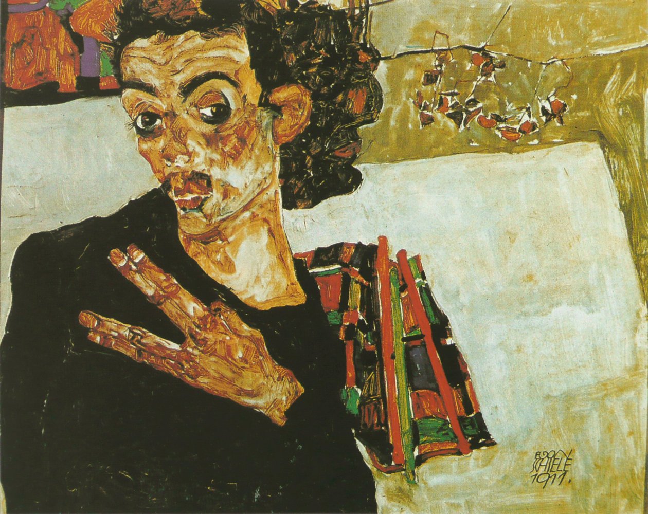 Önarckép fekete konténerrel alkotó: Egon Schiele