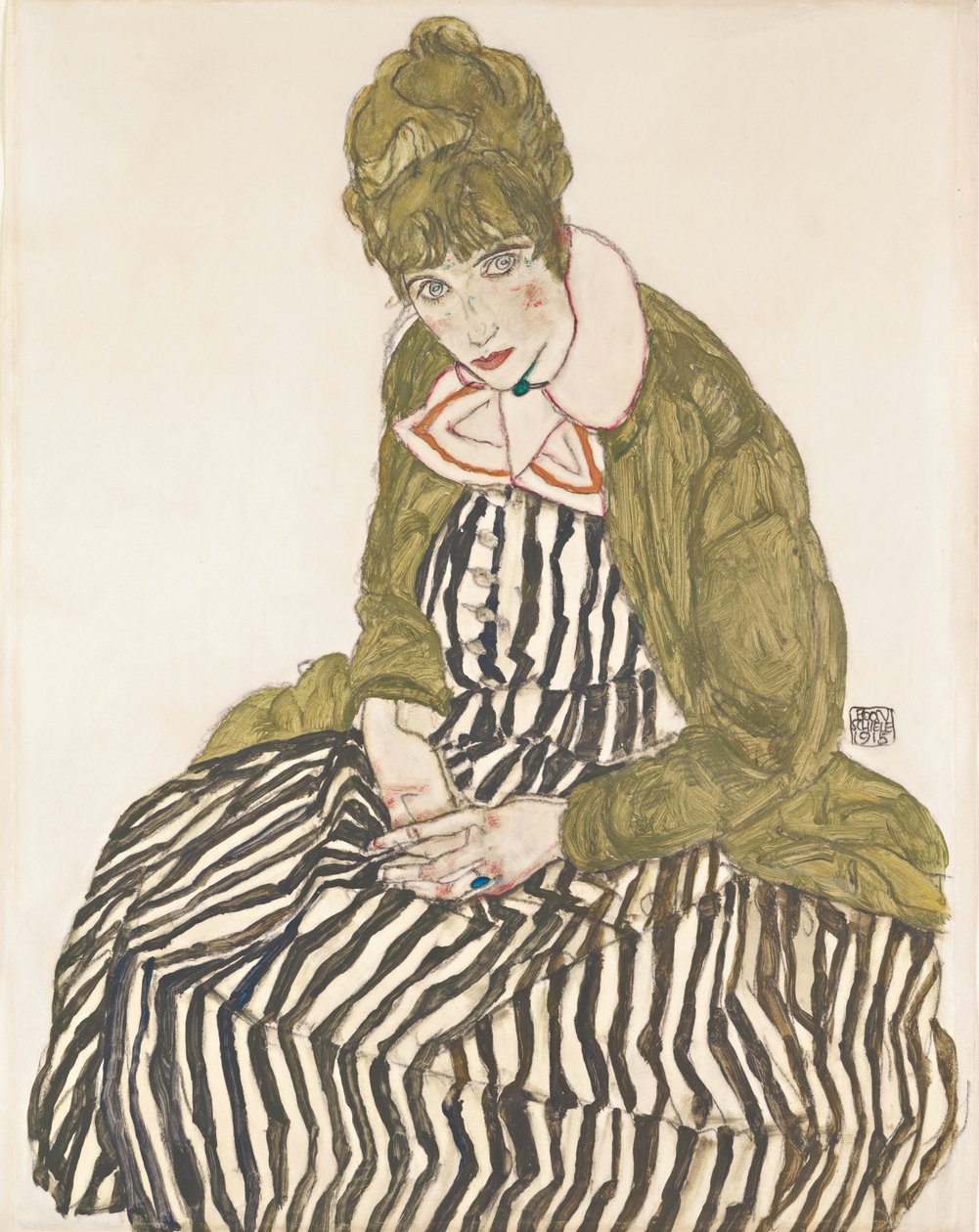 Edith csíkos ruhával, ül alkotó: Egon Schiele