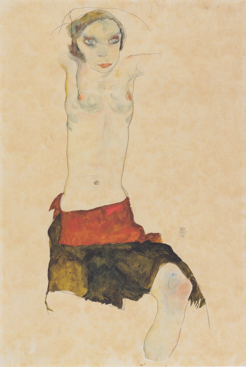 Félmeztelenül ülő lány alkotó: Egon Schiele