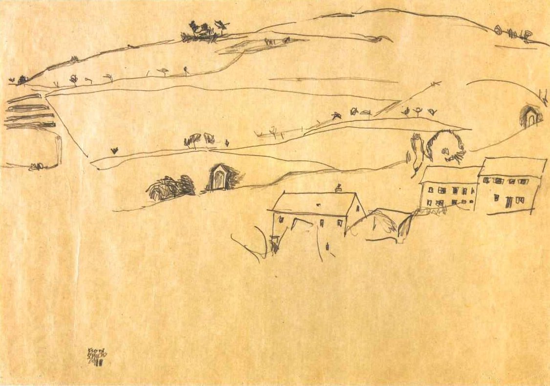 Házak egy domb előtt, a kereszt állomásaival alkotó: Egon Schiele