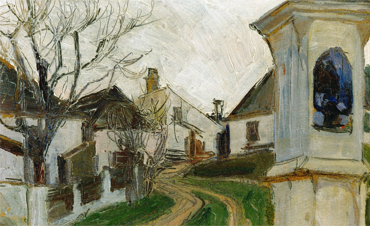 Csupasz fák, házak és út menti szentélyek alkotó: Egon Schiele