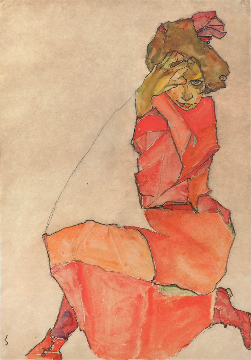Térdelő nő narancsvörös ruhában alkotó: Egon Schiele