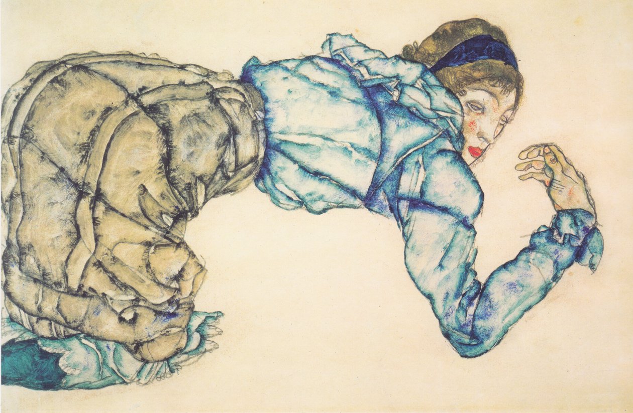 Térdelő nő kék blúzban alkotó: Egon Schiele