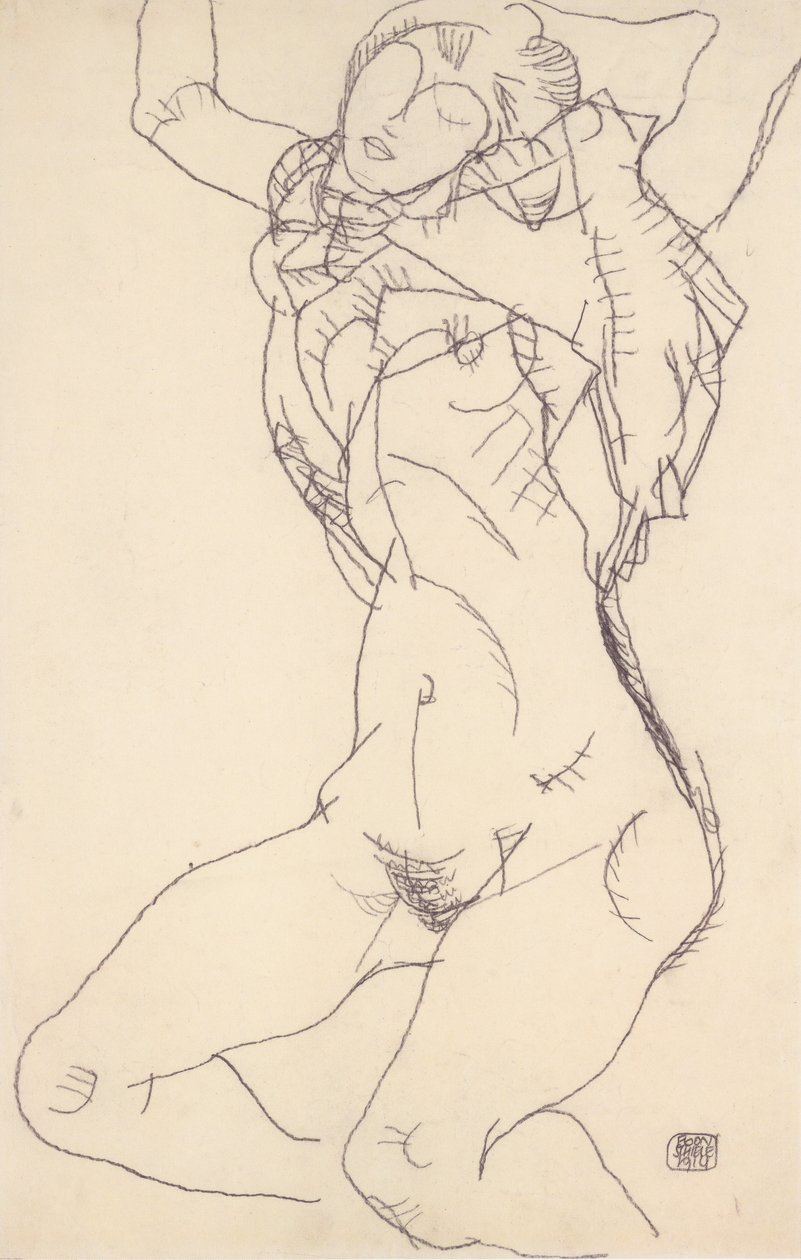 Félidőben feküdt felemelt karokkal alkotó: Egon Schiele