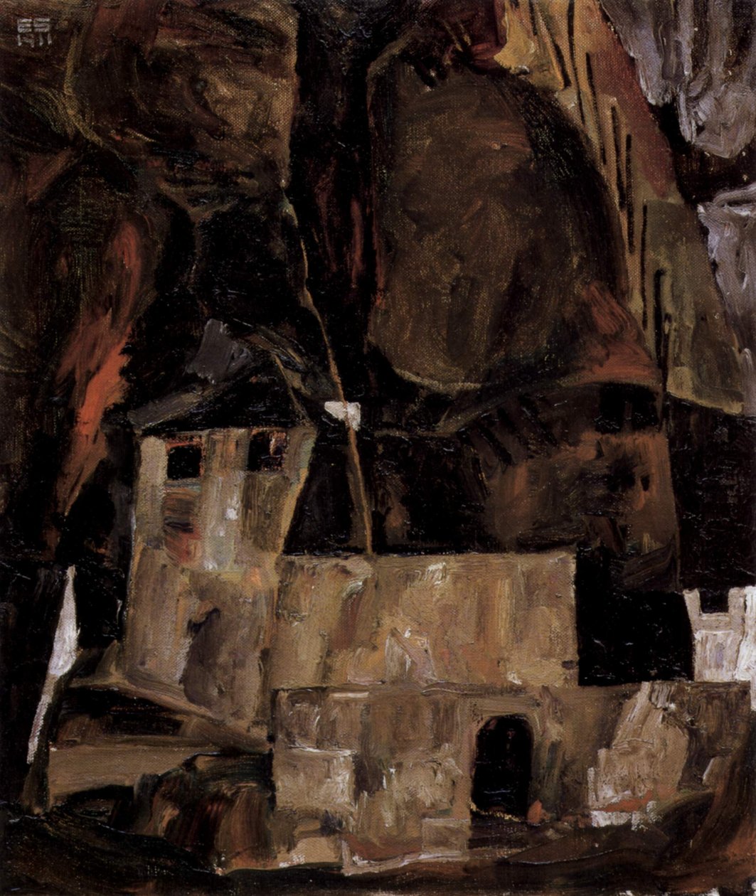 Fal és ház dombos terepen, kerítéssel alkotó: Egon Schiele