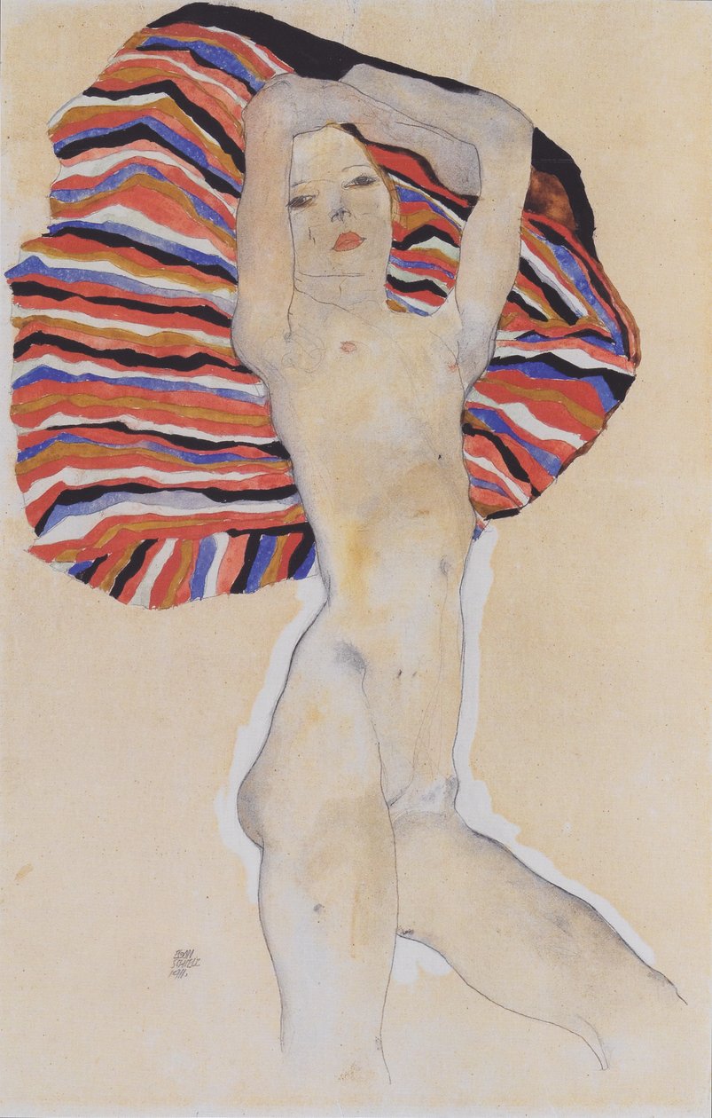 Meztelen lány színes ruhával szemben alkotó: Egon Schiele
