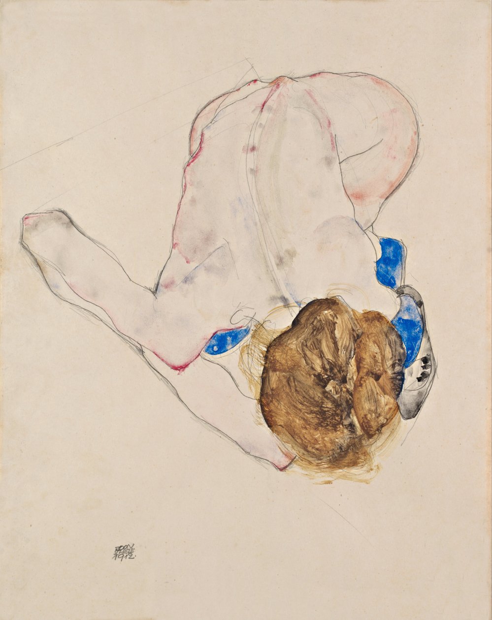 Meztelen kék harisnyával, előrehajolva alkotó: Egon Schiele
