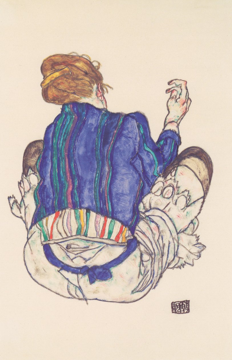 Hátulnézet egy ülő nő alkotó: Egon Schiele