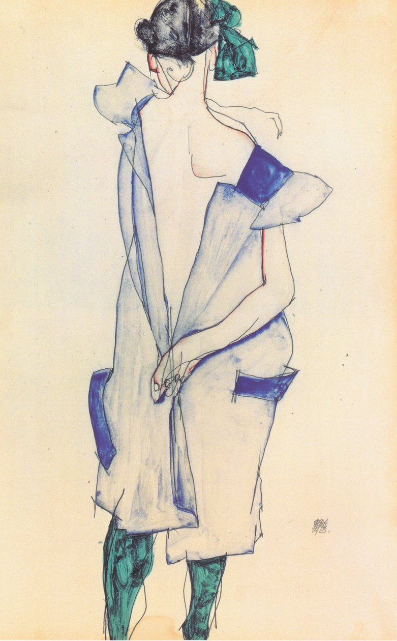Hátulnézet egy kék szoknyás lányról alkotó: Egon Schiele