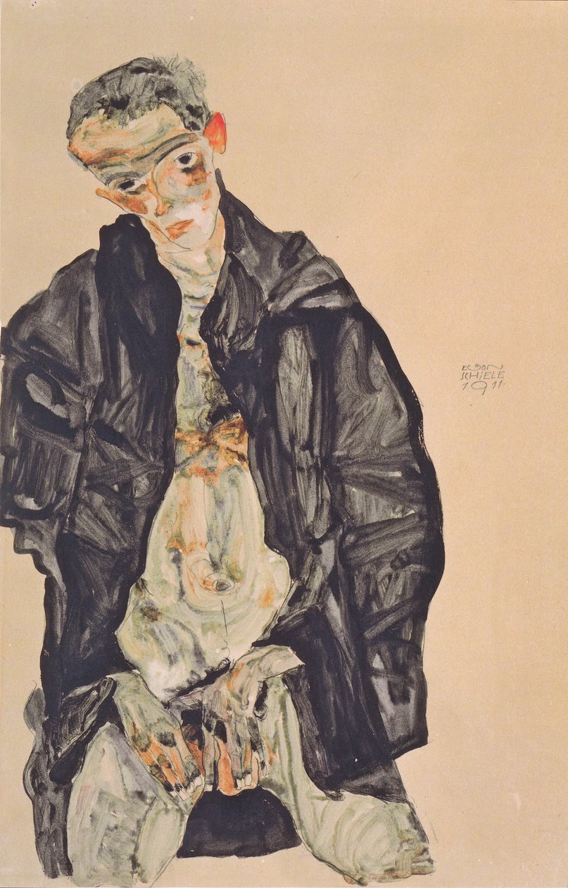 Önarckép, mint félfelvonás fekete kabátban alkotó: Egon Schiele