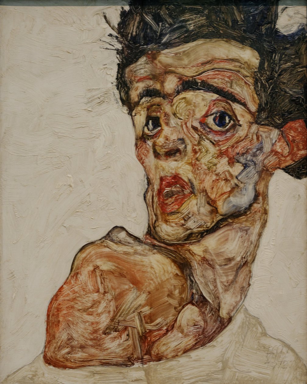 Önarckép megemelt csupasz vállával alkotó: Egon Schiele
