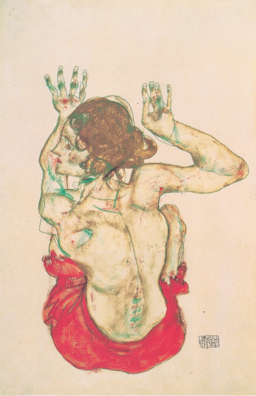 Hátul ülő női mez, piros szoknyával alkotó: Egon Schiele