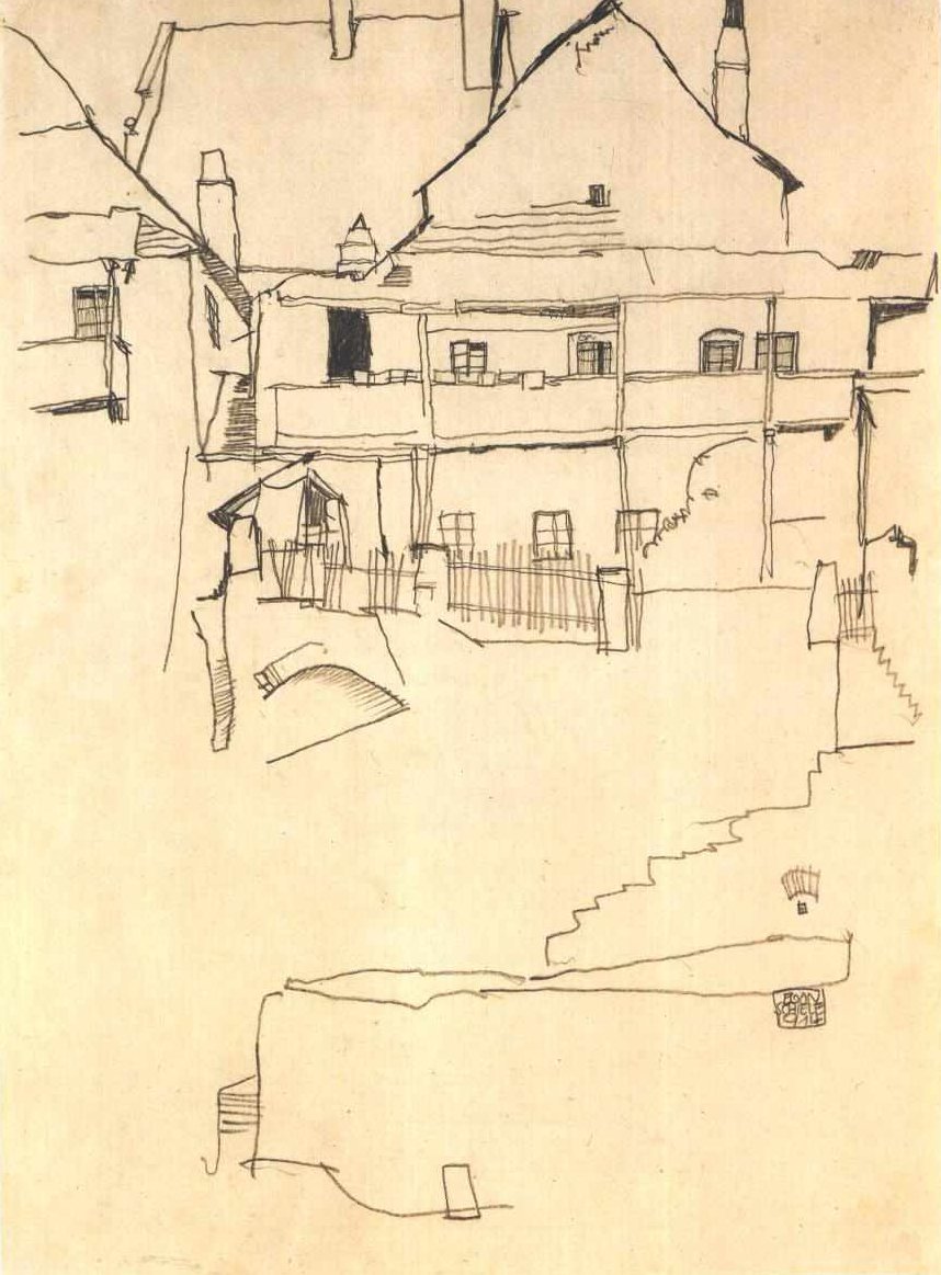 Tanulmány a Ház zsindelytetős képhez alkotó: Egon Schiele