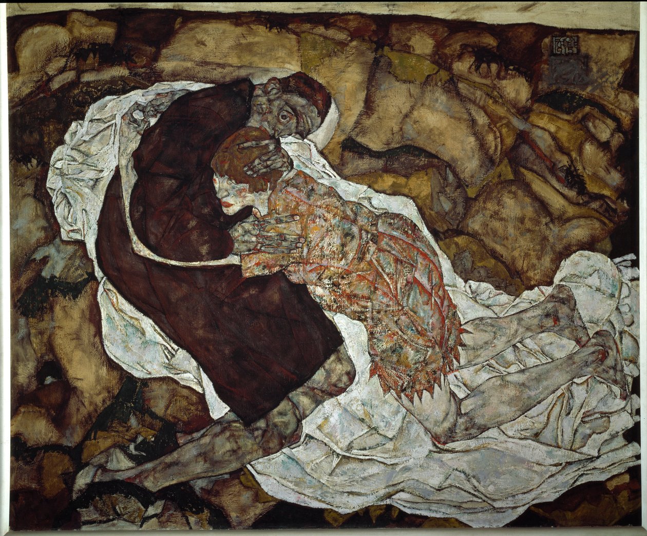 A nő és a halál. Egon Schiele (1890-1918) festménye, 1915. Olaj, vászon. Mérete: 150,5x180 cm. Bécs, Oesterreichische Galerie im Belvedere alkotó: Egon Schiele