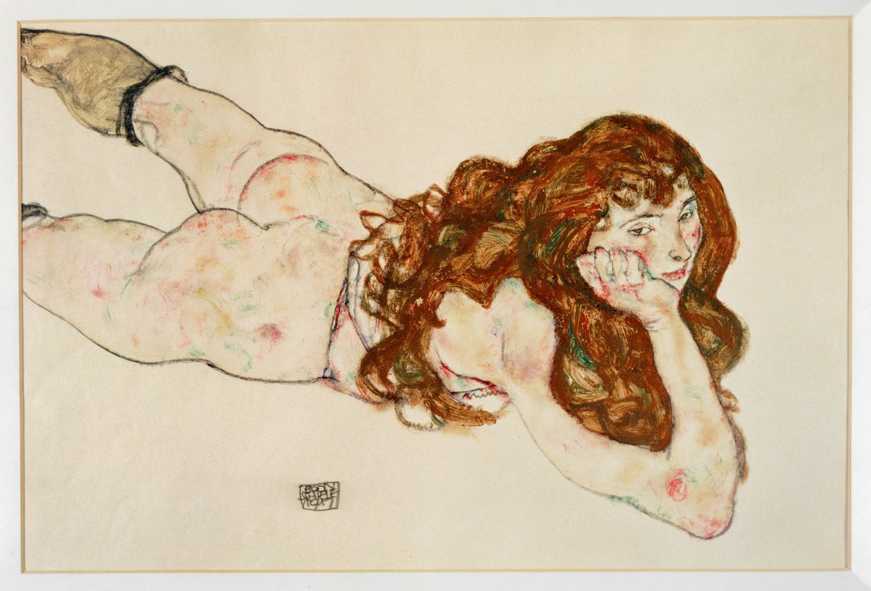 Női akt hason fekve - Nude on her ... (gouache és fekete zsírkréta) alkotó: Egon Schiele