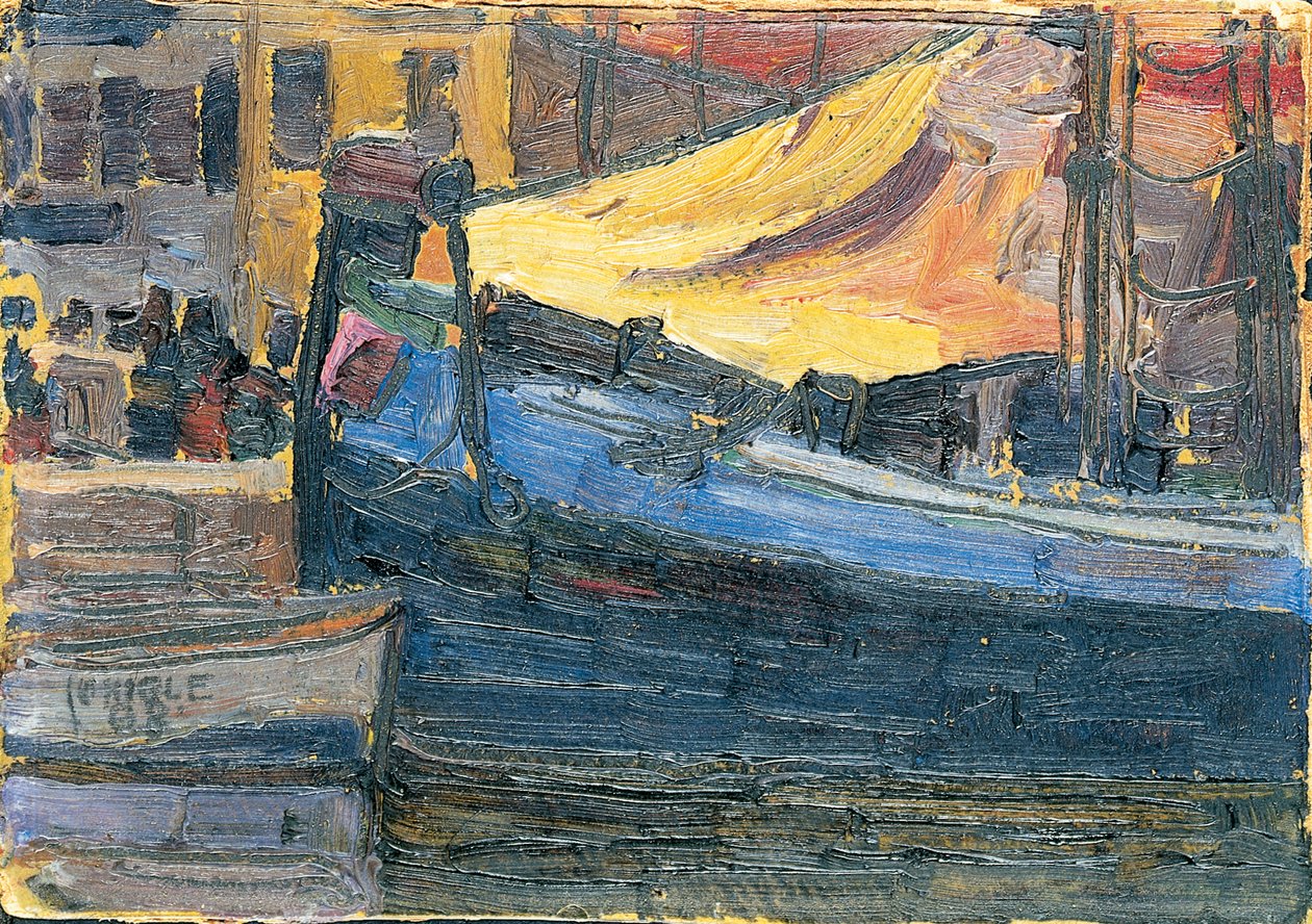 Horgonyzott csónakok házfallal a háttérben, 1908 alkotó: Egon Schiele