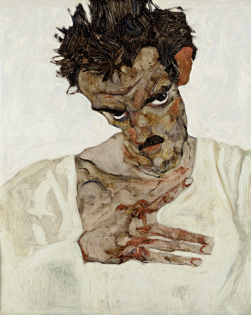 Önarckép lehajtott fejjel. Egon Schiele (1890-1918) festménye, olaj, fa alkotó: Egon Schiele