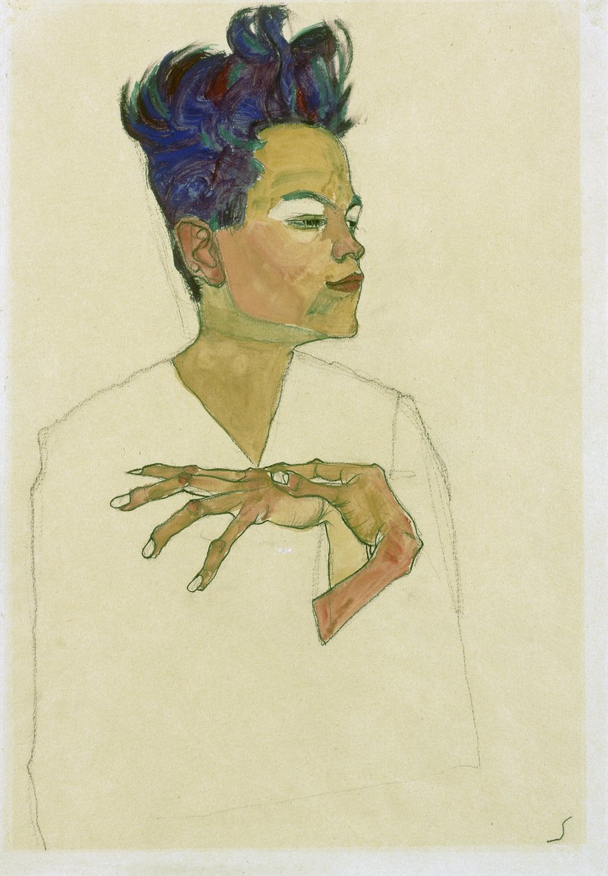 Önarckép kézzel a mellkason. (Önarckép Kezekkel a Mellkason). Egon Schiele (1890-1918) munkája, akvarell és kréta papíron alkotó: Egon Schiele