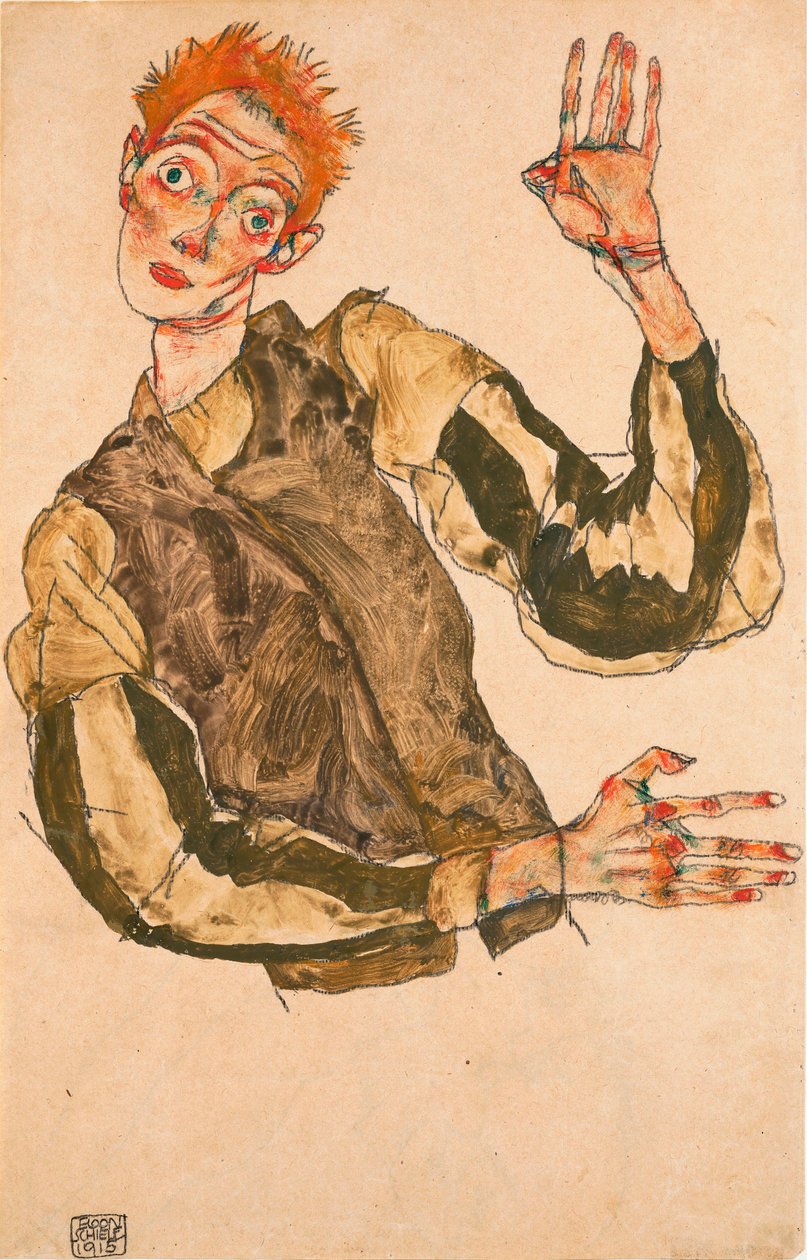 Önarckép csíkos ujjakkal - Egon Schiele (1890-1918) munkája, gouache papíron alkotó: Egon Schiele