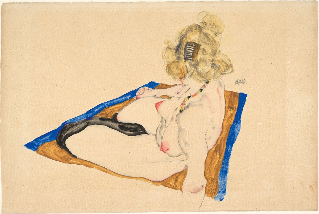 Szőke akt egy barna szőnyegen ülve, kék szegéllyel, 1912. alkotó: Egon Schiele