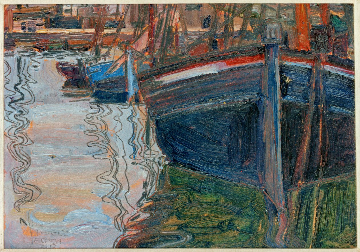 Boats, sich im Wasser spiegelnd [Boats mrrored in the ... alkotó: Egon Schiele