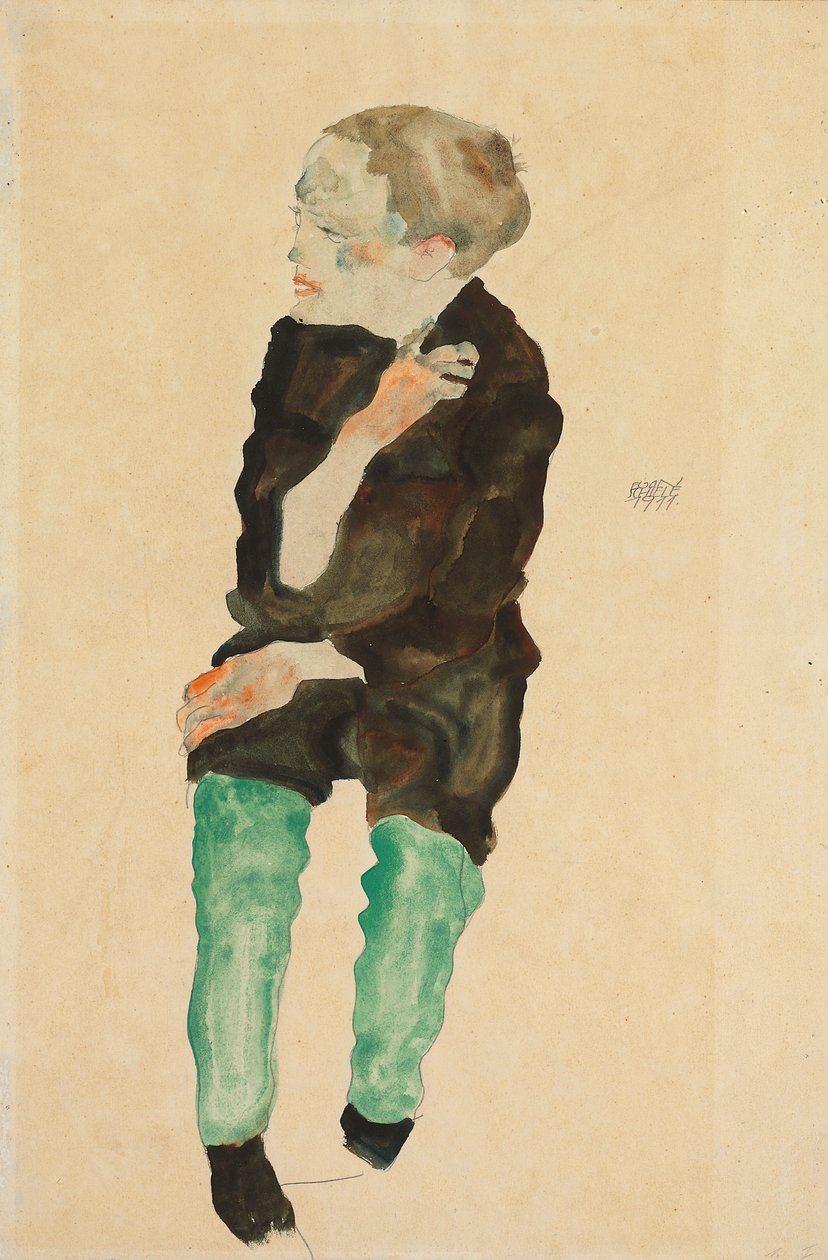 Fiú zöld harisnyával; Bub mit grunen Strumpfen, 1911 alkotó: Egon Schiele