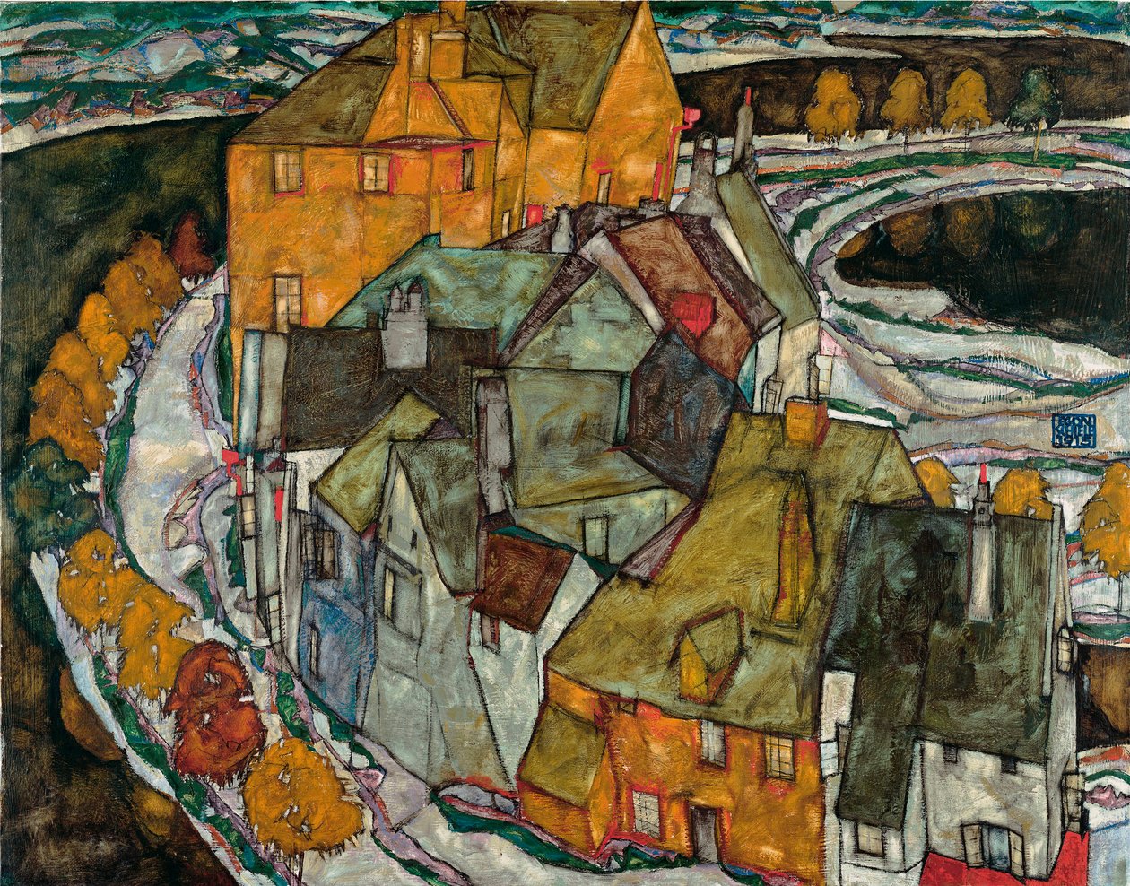 Crescent of Houses II (Island City) – Egon Schiele (1890-1918) festménye, olaj, vászon alkotó: Egon Schiele