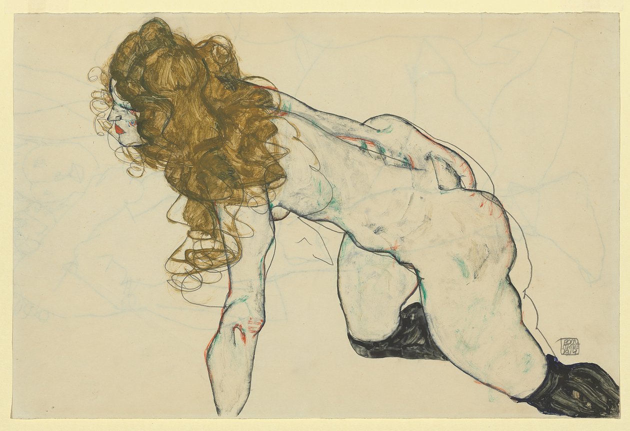 Guggoló női akt, szőke hajjal és pihenő bal karral (recto) alkotó: Egon Schiele